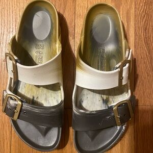 Birkenstock White, Silver Gray and Gold Buckle Sandals
